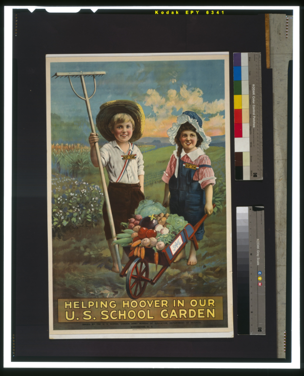 Zwei Kinder, ein Junge mit Hut und ein Mädchen mit einem Stock, stehen mit einem Einkaufswagen voller Gemüse in einem Garten mit Pflanzen und Blumen unter einem bewölkten Himmel; Text unten lautet "Helping Hoover in our U.S. School Garden."