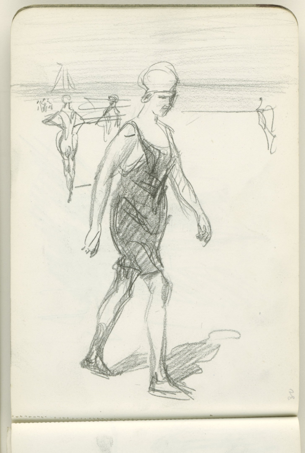 Eine Skizze einer Frau in einem langärmeligen, hochgeschlossenen Kleid mit einem Dutt, die am Sonnenuntergang mit geschlossenen Augen und einem friedlichen Gesichtsausdruck am Strand spaziert.