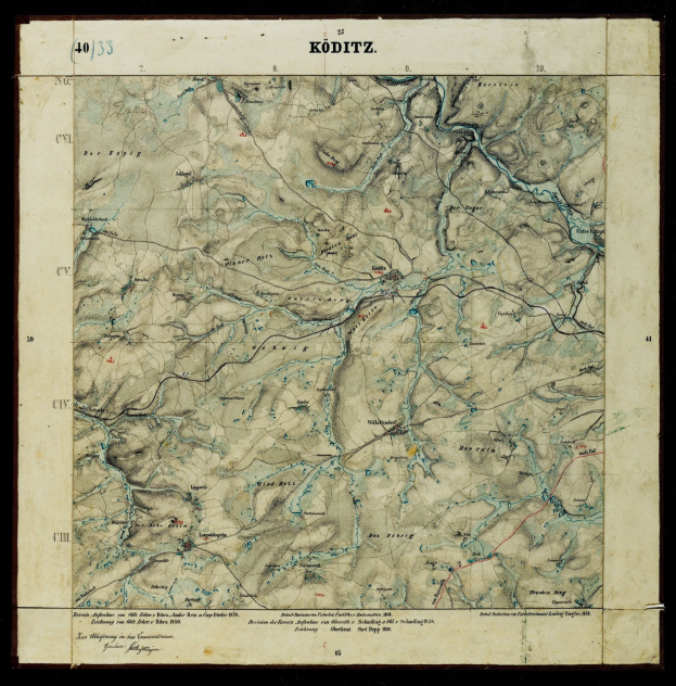 Alte topografische Karte von Köditz, Deutschland, mit schwarzem Hintergrund, zeigt Berge, Flüsse und geografische Merkmale in klassischer Schriftart.