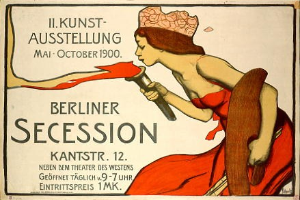 Plakat aus dem Jahr 1900, das eine Berliner Sezession ankündigt und eine Frau in rotem Kleid zeigt, die ein Objekt mit Text hält.