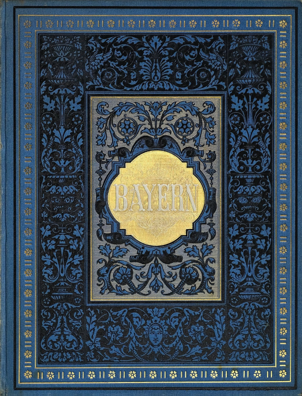 Ein blau-goldenes Buch mit dem Wort "Bayern" auf dem Cover, verziert mit detailreichen Designs.