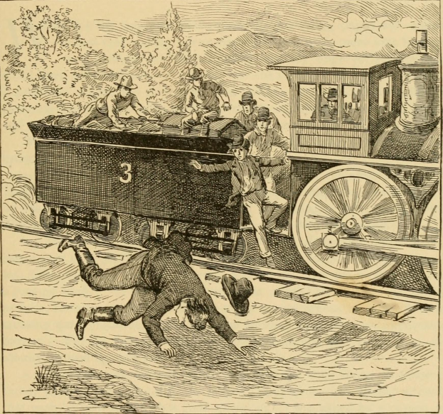 Ein Mann, der von einem fahrenden Zug fällt, während eine Gruppe von Menschen zusieht, mit Bäumen im Hintergrund und Text unten.