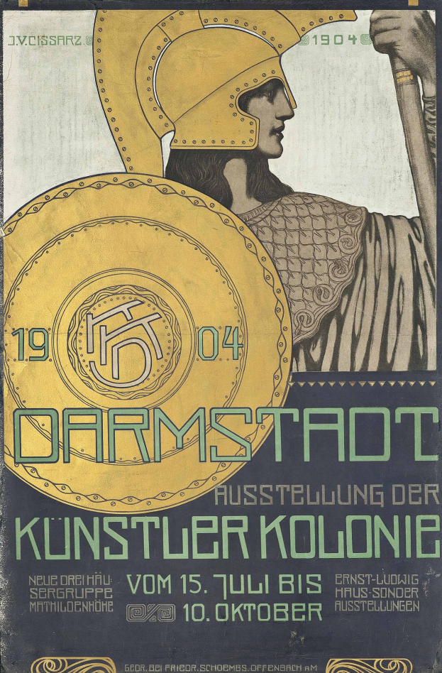 Plakat für ein 1904er Konzert in Berlin mit einem Helmträger, der ein Schild hält, und «Darmstadt» und «Künstler Kolonie» in fetter Schrift.