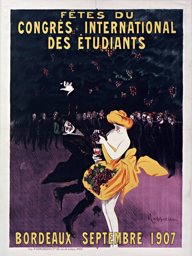 Plakat für eine Weinprobe im Jahr 1907 in Bordeaux, Frankreich, mit einer Frau in gelbem Kleid, die ein Weinglas hält und von einer Gruppe Menschen umgeben ist.