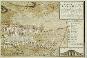 Alte detaillierte Karte von Baden-Württemberg, Deutschland, mit einem Gebäude in der rechten unteren Ecke, die Straßen, Gebäude und Sehenswürdigkeiten mit textuellen Informationen zeigt.