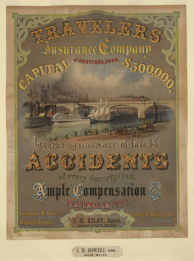 Werbeposter für die Traveler's Insurance Company of Hartford, Connecticut, mit Booten, einer Brücke, Gebäuden und Text, der Reiseversicherungsdienstleistungen anpreist.