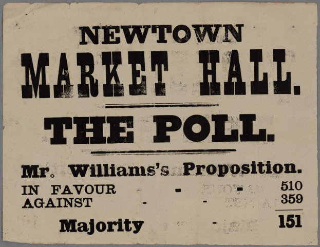 Papier mit handgeschriebenem Text, der "Newtown Market Hall, die Wahl, Mr. Williams' Proposition für gegen Mehrheit" liest.
