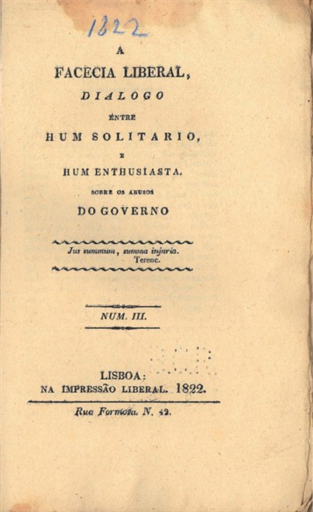 Ein altes Buch mit einem Schwarz-Weiß-Bild eines Mannes und dem Text "A faccecia liberal, dialogo entre hum solitario, hum enthusiasta do governo".