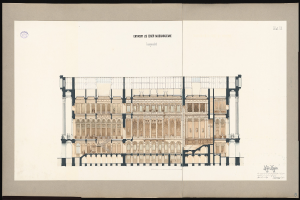 Schwarzes und weißes architektonisches Zeichnung des Eingangs der Einer Musikakademie in Leipzig, mit mehreren Fenstern und Balkonen auf weißem Papier mit Text, vor schwarzem Hintergrund.