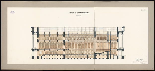 Schwarzes und weißes architektonisches Zeichnung des Eingangs der Einer Musikakademie in Leipzig, mit mehreren Fenstern und Balkonen auf weißem Papier mit Text, vor schwarzem Hintergrund.