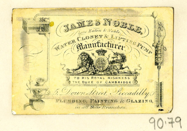 Visitenkarte für James Noble, Hersteller von Wasserklosetts und Hubpumpen, mit Produktbeschreibungstext.