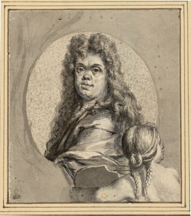 Ein Porträt eines Mannes mit langen Haaren und einem ernsten Gesichtsausdruck, der dem Betrachter gegenübersteht, neben einer Frau mit einem sanften Gesichtsausdruck, die ein Kind hält, beide direkt in die Kamera schauen.