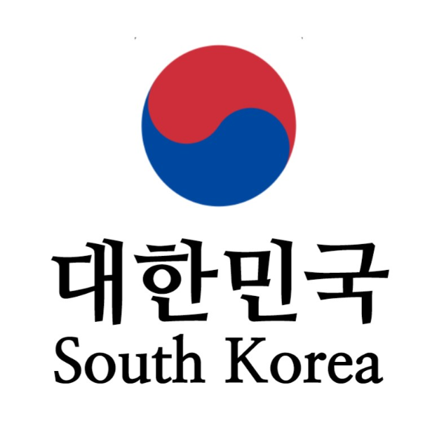 Das Südkorea-Logo zeigt einen blauen und roten Kreis mit der weißen Aufschrift 'Südkorea' in der Mitte.