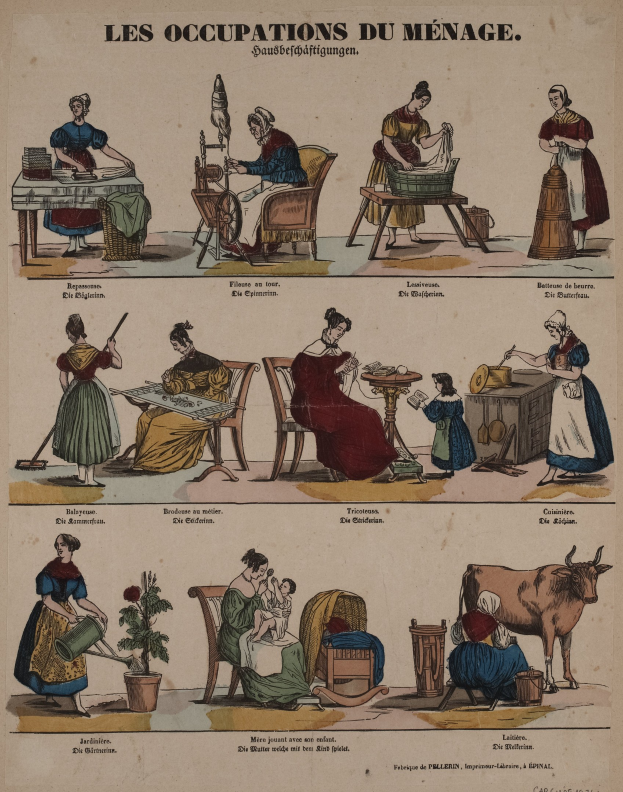 Ein 19. Jahrhundert-Poster, das geschlechtsspezifische Berufe illustriert, mit sitzenden und stehenden Figuren, einer Kuh, einem Topf mit einer Pflanze und begleitendem Text.