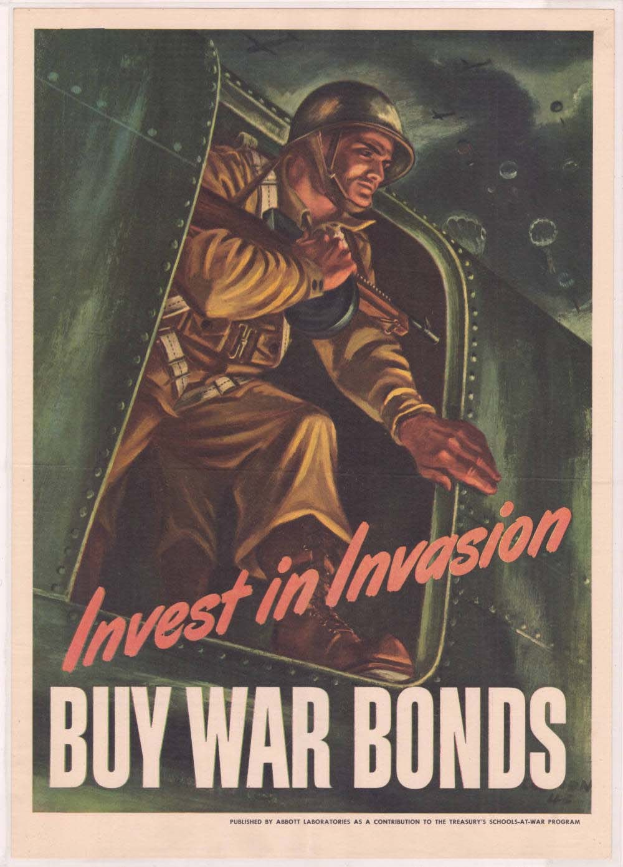 Plakat mit einem Soldaten in Helm und militärischer Uniform, der eine Waffe hält, und dem Text "Investiere in die Invasion, kaufe Kriegsanleihen" darüber, der eine entschlossene Miene ausdrückt.