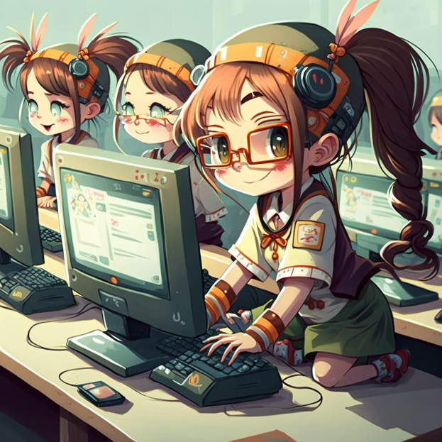 Anime-stil Illustration von mehreren Mädchen, die an Schreibtischen sitzen, mit Computern, Kopfhörern und Brillen, sowie Monitoren, Tastaturen und anderen Gegenständen auf dem Schreibtisch und einer Wand im Hintergrund.