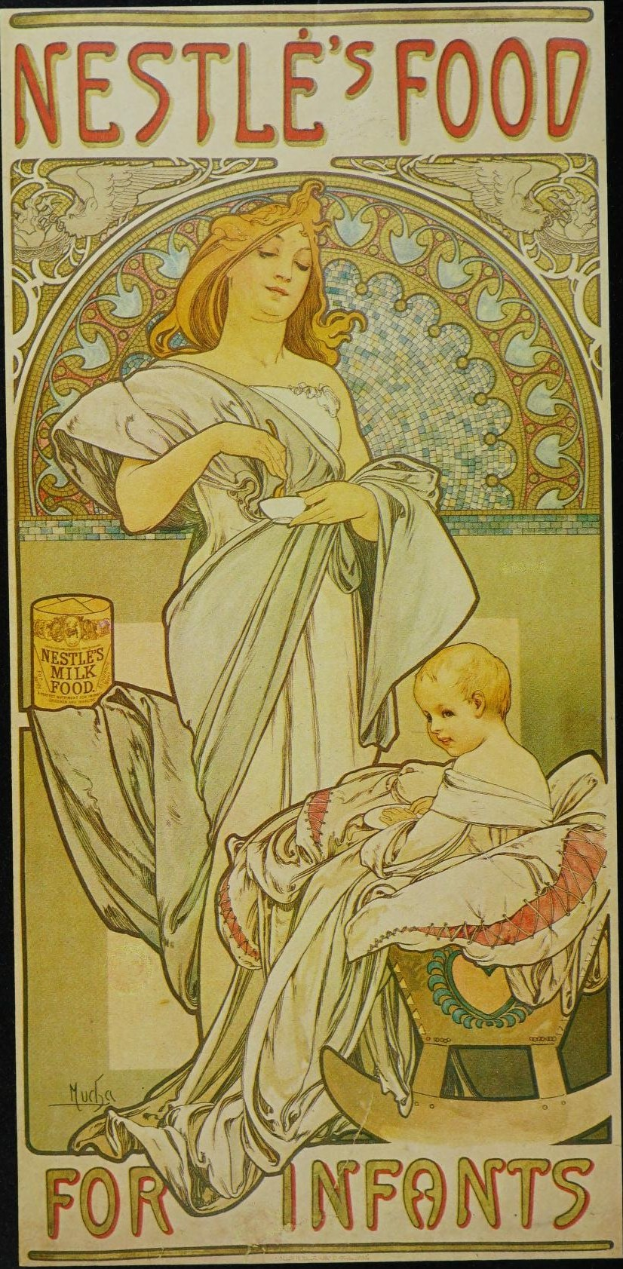 Plakat, das Nestlé-Baby-Nahrung bewirbt, zeigt eine Frau, die ein Baby hält, mit Text, der das Produkt und seine Vorteile beschreibt.