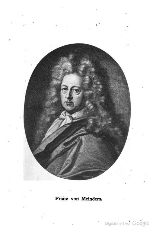 Schwarz-weiß-Porträt von Franz von Meinders, einem deutschen Komponisten mit langen lockigen Haaren, und deutscher Text unten.