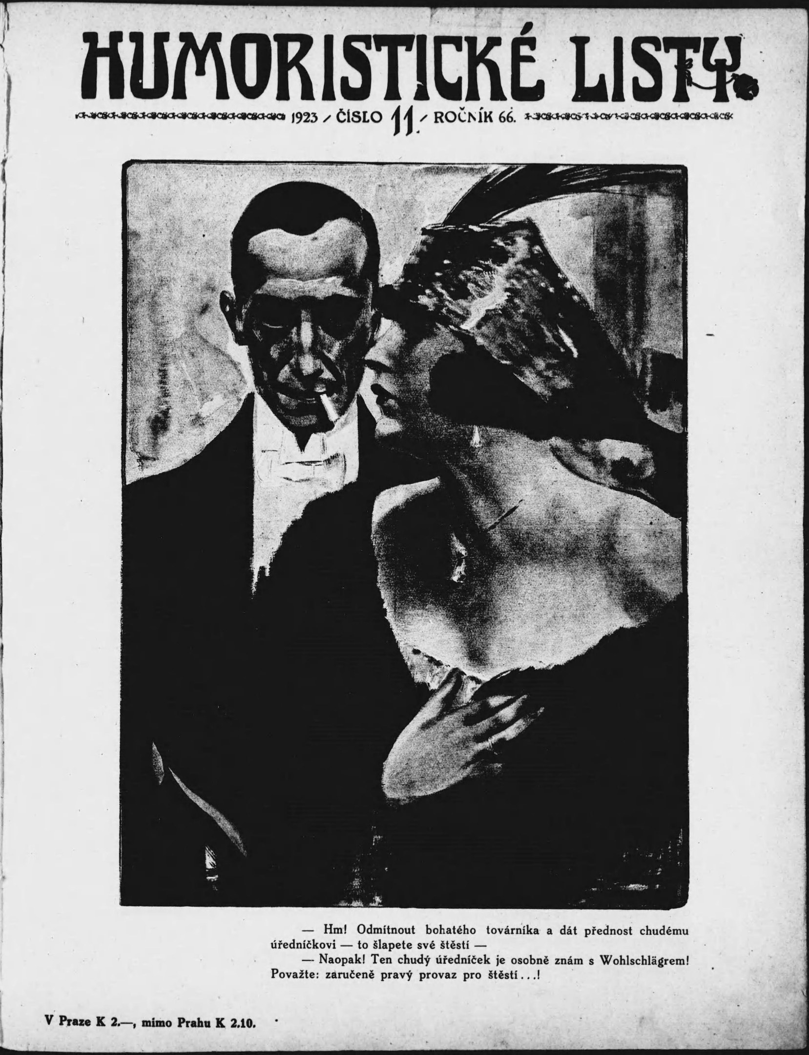 Schwarze und weiße Zeitschrift mit der Überschrift 'Humoristische Liste', auf der ein Mann in einem Anzug mit ernster Miene und eine Frau mit einem spitzböigen Grinsen zu sehen ist.