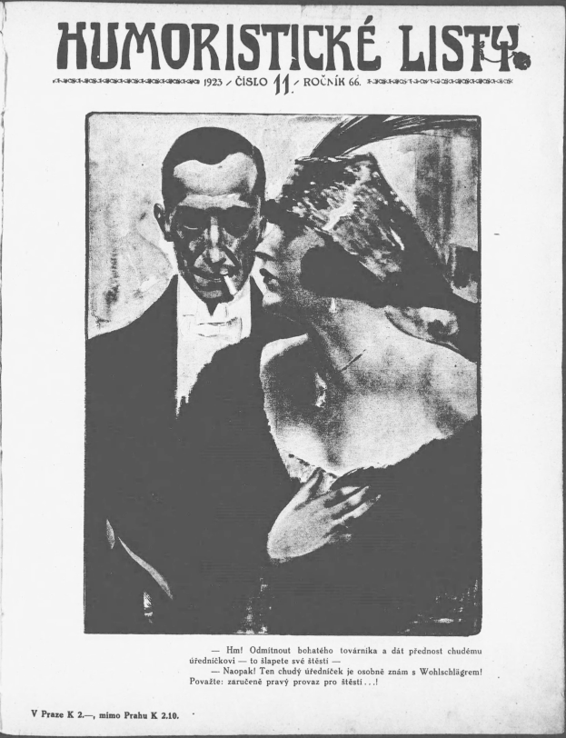 Schwarze und weiße Zeitschrift mit der Überschrift 'Humoristische Liste', auf der ein Mann in einem Anzug mit ernster Miene und eine Frau mit einem spitzböigen Grinsen zu sehen ist.