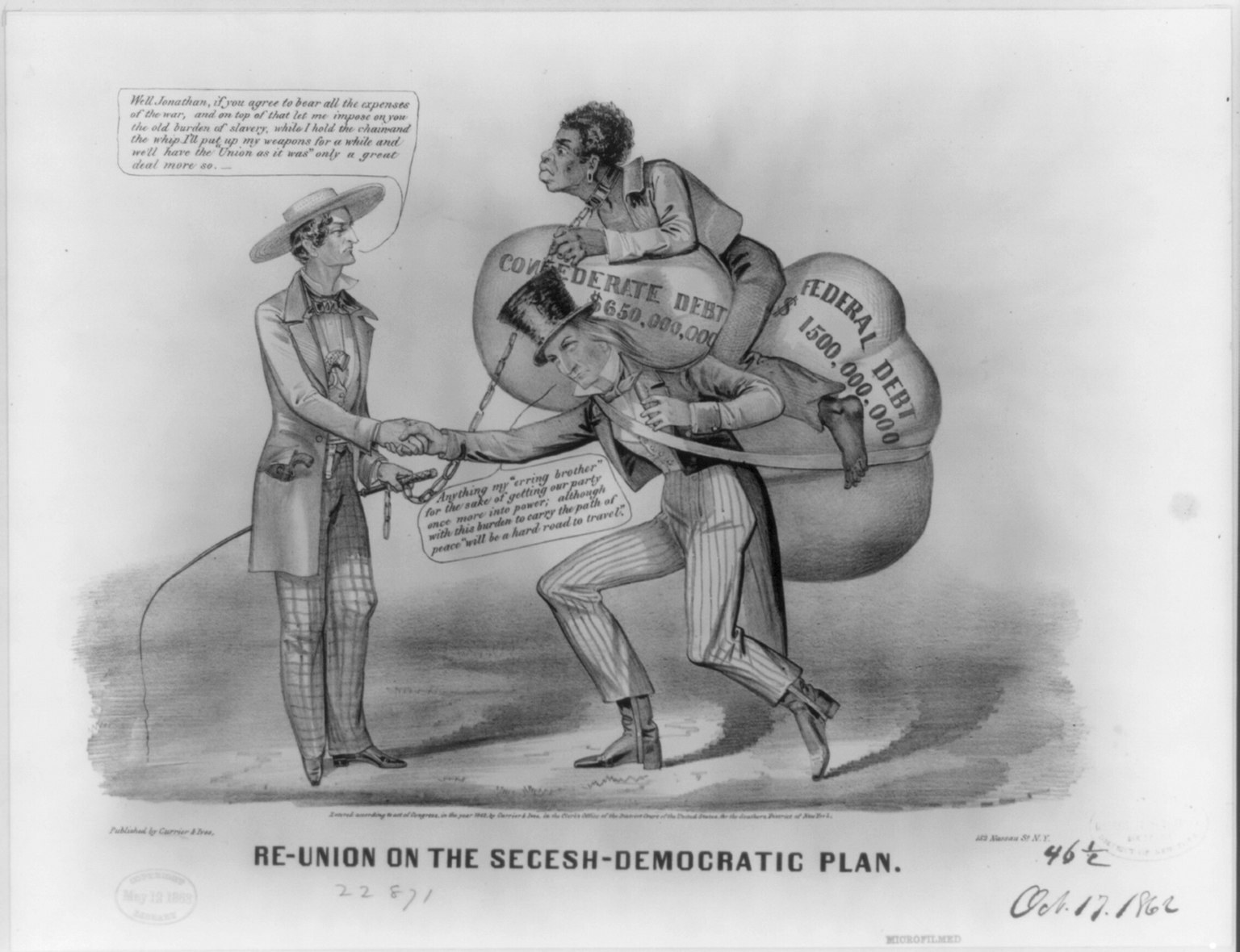 Schwarz-weißer Cartoon von zwei Männern, die sich die Hand geben, wobei einer einen Sack trägt, mit dem Text "Wiedervereinigung auf dem secesh-demokratischen Plan".