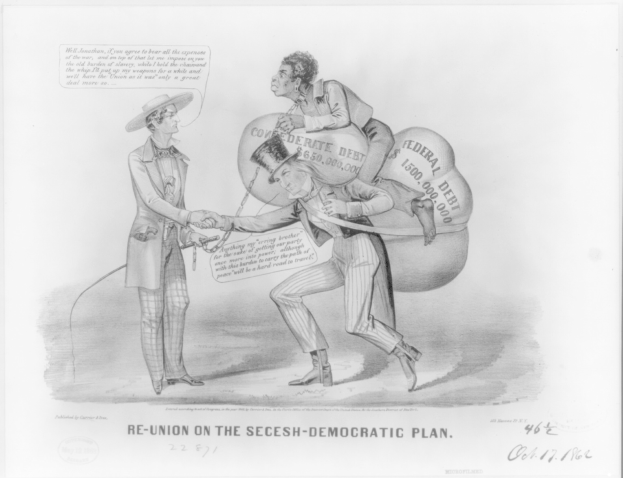 Schwarz-weißer Cartoon von zwei Männern, die sich die Hand geben, wobei einer einen Sack trägt, mit dem Text "Wiedervereinigung auf dem secesh-demokratischen Plan".