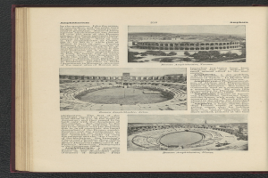 Offenes Buch mit Stadionfoto, Text und zusätzlichen Bildern.