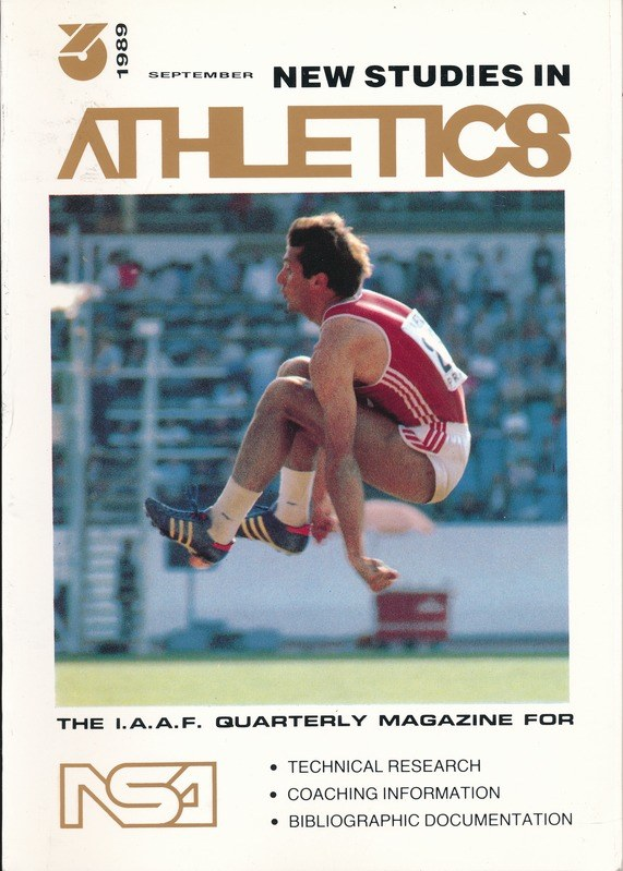 Cover eines Buches mit dem Titel "Neue Studien im Sport September 1989", das eine Illustration eines Mannes zeigt, der in der Luft springt.