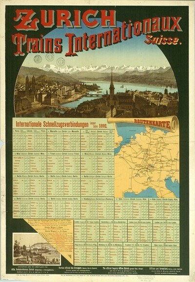 Plakat für die Ankündigung der Zurich Trains Internationalaux mit einer Karte von Zurich, Gebäuden, Wasser, Bergen und Text.