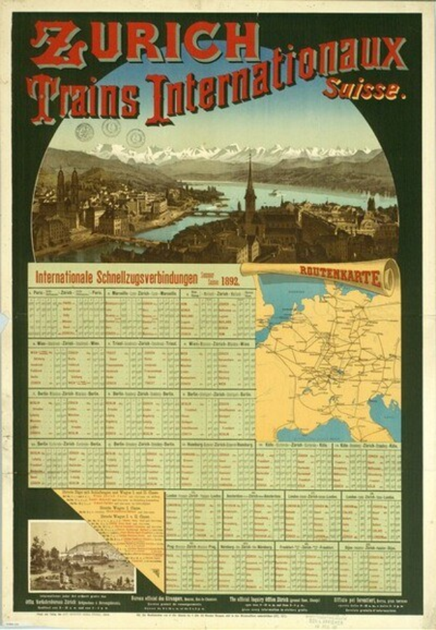 Plakat für die Ankündigung der Zurich Trains Internationalaux mit einer Karte von Zurich, Gebäuden, Wasser, Bergen und Text.