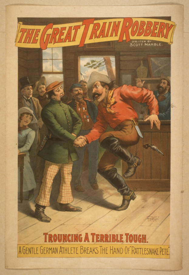 Plakat, das eine Gruppe von Menschen zeigt, von denen einer eine Waffe hält, ein Fenster und eine Wand im Hintergrund und den Text "Die große Zugüberfall - Trouching ein schreckliches Tough" oben und unten.