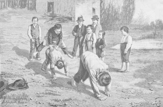 Schwarz-weißes Bild von Kindern, die in einem Feld spielen, mit zwei Jungen, die in der Mitte kämpfen, während die anderen zusehen, und einem Hut und Text auf der linken Seite.