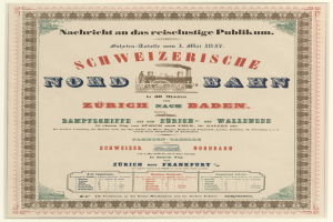 Plakat mit einem Zug mit der Aufschrift "Schweizerische Nordbahn in Baden, Deutschland" auf einem hellgelben Hintergrund mit schwarzem und weißem Karomuster und dekorativem Rahmen.