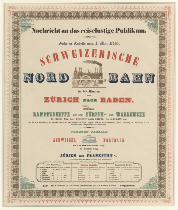Plakat mit einem Zug mit der Aufschrift "Schweizerische Nordbahn in Baden, Deutschland" auf einem hellgelben Hintergrund mit schwarzem und weißem Karomuster und dekorativem Rahmen.