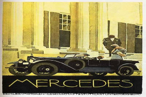 Vintage-Plakat aus den 1920er-Jahren von Mercedes-Benz mit einem klassischen Auto vor einem modernen Gl├Ąserbau, zwei Personen im Auto und der schwarzen Schrift 'Mercedes-Benz' unten.
