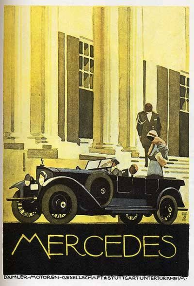 Vintage-Plakat aus den 1920er-Jahren von Mercedes-Benz mit einem klassischen Auto vor einem modernen Gl├Ąserbau, zwei Personen im Auto und der schwarzen Schrift 'Mercedes-Benz' unten.