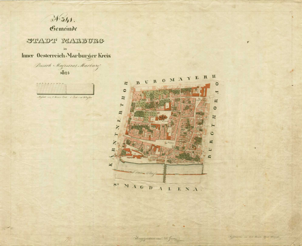 Ausführliche alte Stadtplan von Stadt Marburg mit Straßen, Gebäuden und Sehenswürdigkeiten mit beschreibenden Textanmerkungen.