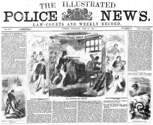 Titelseite der Illustrated Police News von 1867 mit einer Schwarz-Weiß-Illustration einer Gruppe von Menschen in der Mitte, Text "Polizei-Nachrichten" und ein Logo oben.