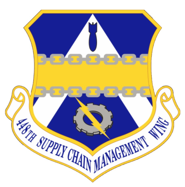 Logo der 48. Versorgungsmanagement-Flügel mit einem blauen Schild mit einem weißen Stern, einem weißen Banner mit der Aufschrift "Versorgungsmanagement" in Blau und dem Text "48. Versorgungsmanagement-Flügel" in fetter schwarzer Schrift.