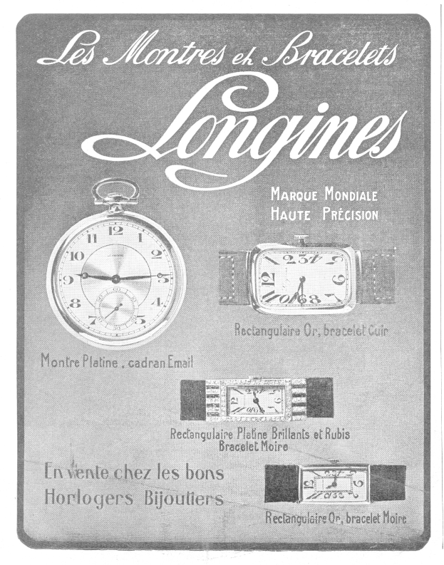 Vintage Longines watch advertisement poster from the 1920s with detailed watch illustrations and classic typography in muted blues and greys.