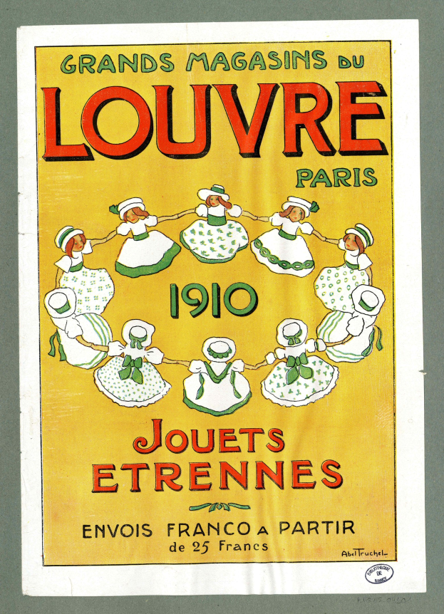 Plakat für das Louvre Paris im Jahr 1910, das ein Gruppen-Tanz-Event ankündigt, mit Text.