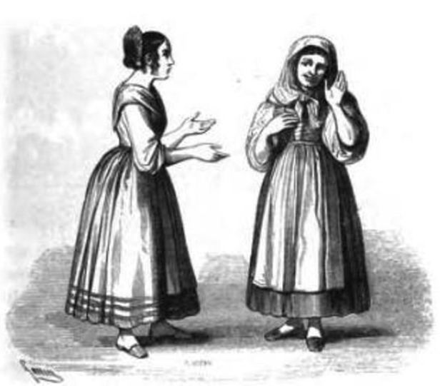 Zwei Frauen in 19. Jahrhundert-Kleidern nebeneinanderstehend, die in einem Schwarz-Wei├č-Foto mit Text "Frauen des 19. Jahrhunderts" unten sprechen.