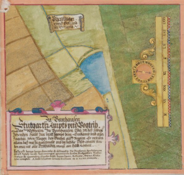 Beleuchtete Handschriftkarte von Stuttgart, Deutschland, zeigt detaillierte Straßen, Gebäude und Landmarken mit begleitendem beschreibendem Text.