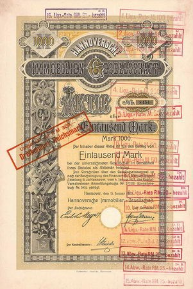 Alter deutscher Regierungsaktien-Schein mit rotem Stempel, gedrucktem Text und numerischen Markierungen auf altem Papier.