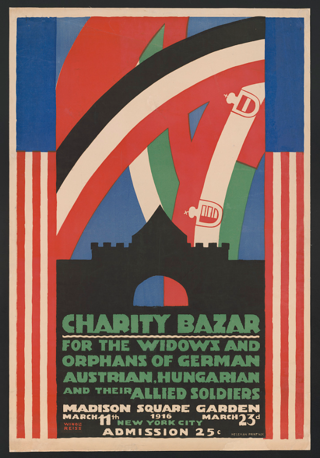 Ein Plakat für einen Wohltätigkeitsbasar, der die Witwen und Waisen deutscher, australischer, ungarischer und alliierter Soldaten unterstützt, mit Text, der die Ereignisinformationen enthält.