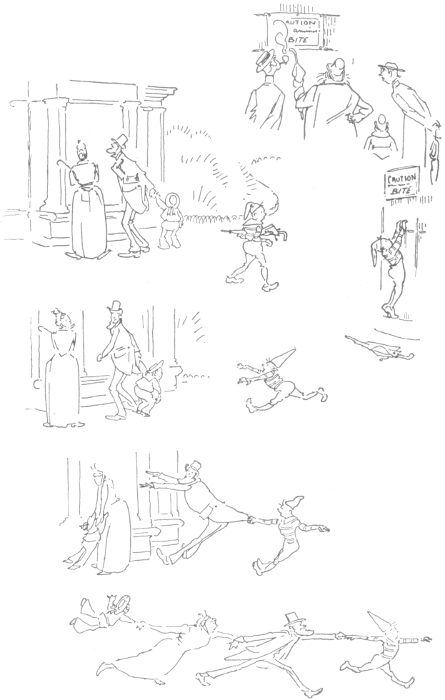 Ein Mann in Zylinder und langem Mantel tanzt mit einer Frau in Schürze und Kleid, beide lächeln und scheinen fröhlich zu sein.