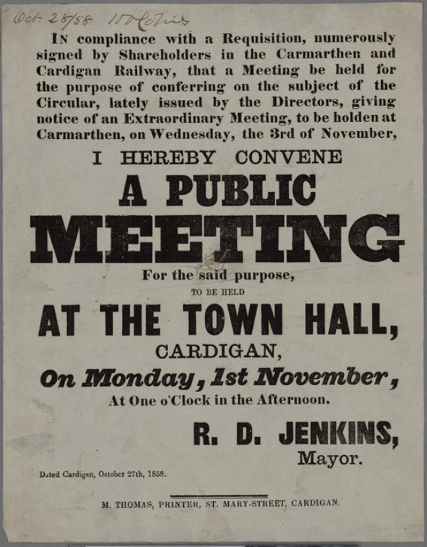Eine Ank├╝ndigung f├╝r eine ├Âffentliche Versammlung im Rathaus in Cardigan am Montag, den 1. November 1858, mit Text, der die Veranstaltung beschreibt.