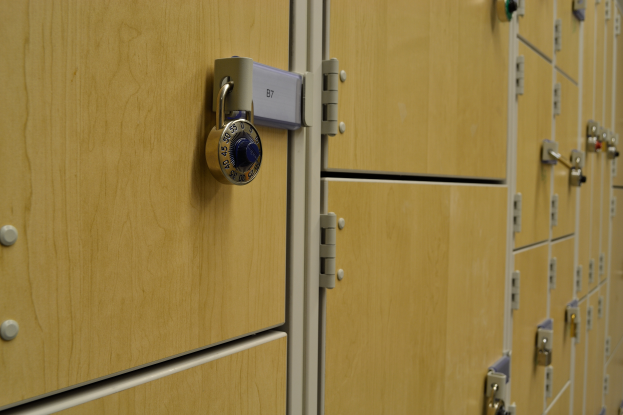 Eine Reihe von Holtschränken mit einem fest verschlossenen Vorhängeschloss daran.