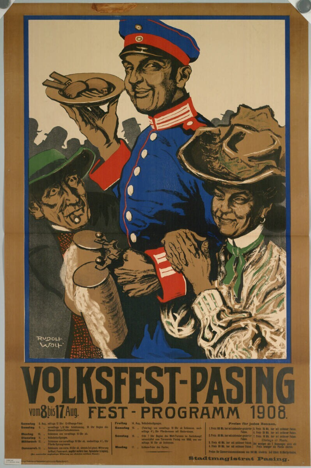 Ein Vintage-Plakat für das Volksfest-Pasing-Festival 1908, das einen Mann in einem rot-weißen gestreiften Hemd und eine Frau in einem blauen Kleid in traditioneller deutscher Tracht zeigt, vor einem hellgelben Hintergrund mit fetter schwarzer Schrift.