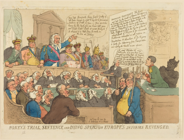 Cartoon-Illustration eines Gerichtssaals mit dem Titel "Boney's Trial, Sentence, and Dying Speech Europe's Injuries Revenged", die eine zentrale stehende Person und sitzende Figuren mit einem Tisch voller Gegenstände auf der rechten Seite zeigt.